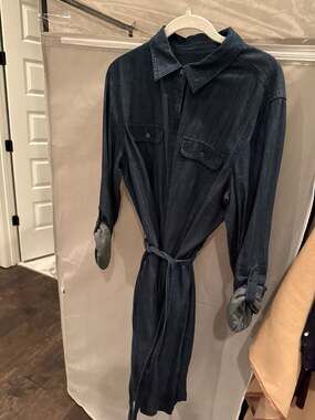 Talbots Dark Indigo Denim Tencel Shirt Dress with Tie Waist Size 14